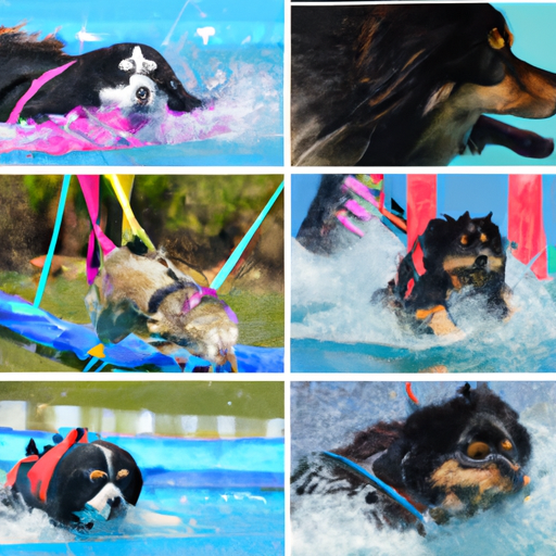 קולאז' של כלבים שונים המשתתפים בצורות שונות של פעילות גופנית כגון שחייה, ריצה ואימוני זריזות